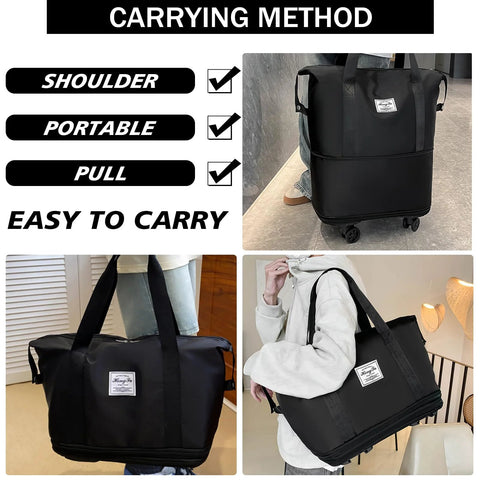 Amazon black rolling duffle bag with detachable wheels and shoulder strap; front and side views