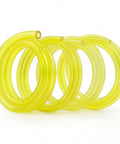 Four yellow fuel hoses from Dope Four Size Fuel Line Hose Kit For 2 Cycle Small Engines, 4 ft total length with clear ID and OD labels.