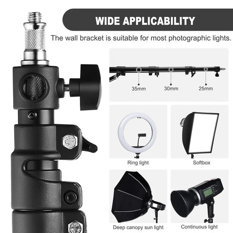 Close-up of Ring Light Wall Mount with 45.7 inch adjustable boom arm and compatibility with various photographic lights.