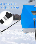 Pro Grade 14 Piece Ice Anchor Drill Adapter Kit for Ice Fishing Shelter with adjustable nylon strap shown securing a blue tent.