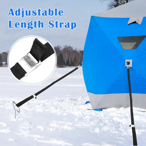 Pro Grade 14 Piece Ice Anchor Drill Adapter Kit for Ice Fishing Shelter with adjustable nylon strap shown securing a blue tent.