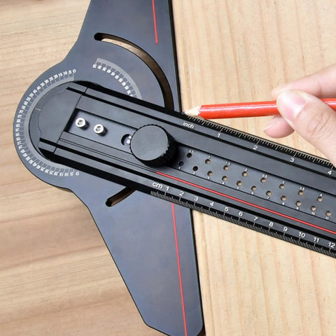 Using Pro Grade Layout Measuring Tool With Angles Finder For Woodworking And Construction on wooden surface