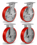 Heavy Duty Eight Inch Caster Wheels Set Of Four Polyurethane Swivel Casters With Six Thousand Pound Capacity, red wheels on metal mounts.