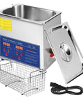 Top Shelf Ultrasonic Cleaner Featuring A Rock Solid 6 Liter Stainless Steel Tank And 200 Watt 40 Khz Heating Function To Kick Stubborn Grime Off Jewelry Glasses Brass And Tools, with basket and control panel.