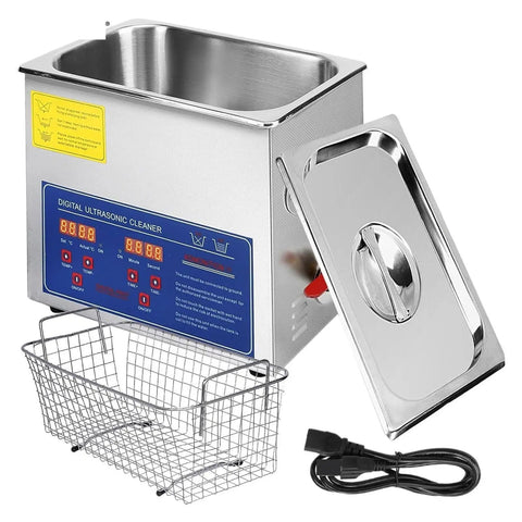 Top Shelf Ultrasonic Cleaner Featuring A Rock Solid 6 Liter Stainless Steel Tank And 200 Watt 40 Khz Heating Function To Kick Stubborn Grime Off Jewelry Glasses Brass And Tools, with basket and control panel.