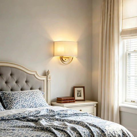 Vintage Linen Fabric Brass Gold Wall Sconce Light for Hallway, Bedroom above a bed in a cozy bedroom setting.
