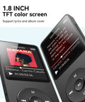 Close-up of Bluetooth 5.3 MP3 Player With Built In Speaker 1.8 Inch Screen FM Radio Voice Recorder 32GB Internal Storage showing music display