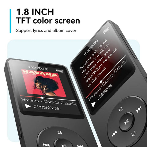 Close-up of Bluetooth 5.3 MP3 Player With Built In Speaker 1.8 Inch Screen FM Radio Voice Recorder 32GB Internal Storage showing music display