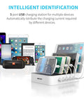 Five Port USB A Charging Station For Multiple Devices Desktop Dock Organizer With Seven Short Cables Included holds smartphones and tablets
