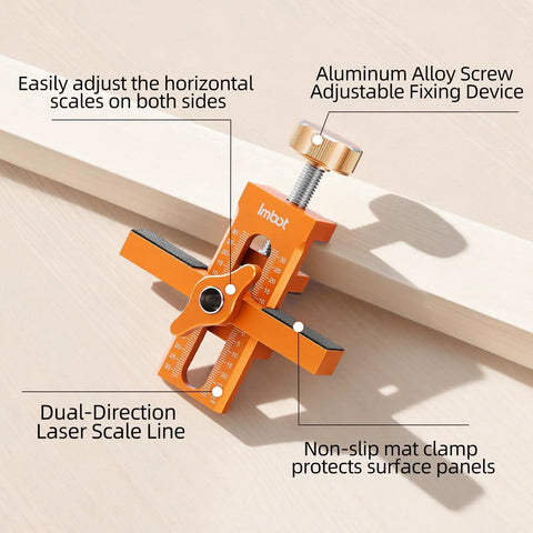 Pro Grade Aluminum Cabinet Door Alignment Jig For Frameless And Face Frame Install, orange adjustable tool on wooden surface.