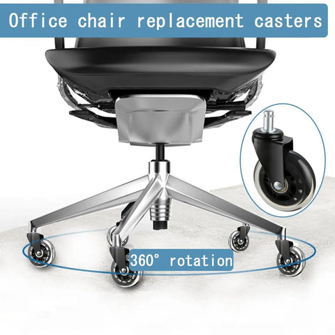 Built Tough Office Chair Caster Wheels Replacement Set Of Five Including Seven Sixteenths Inch Steel Stem showing 360° rotation on sleek modern office chair.