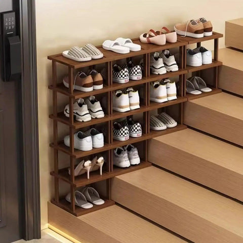Slim 5 Tier Bamboo Shoe Rack For Small Spaces Tall Narrow Organizer For Entryway Closet Corner And Doorway No Fuss Space Saving Shoe Storage With Stackable DIY Design Durable Eco Friendly Bamboo with shoes in a corner space