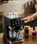 Big Time 20 Bar Espresso Machine And 9 In 1 Coffee Maker With Glowing Led Panel showing one-touch controls and cups on top.