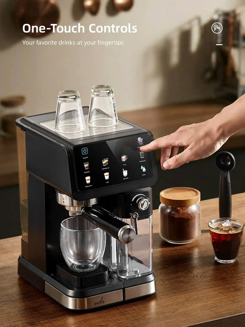 Big Time 20 Bar Espresso Machine And 9 In 1 Coffee Maker With Glowing Led Panel showing one-touch controls and cups on top.
