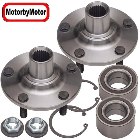 Front Wheel Bearing And Hub Assembly 5 Lug Set For 2010 To 2013 Ford Transit Connect Low Runout Direct Replacement 2 Piece OE Quality Quad Lip Seal Reduces Noise And Delivers Smooth Ride, showing two hub assemblies with bearings and hardware components."}