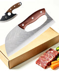 Two Piece Meat Cleaver Knife Set For Cutting Meat And Veggies Beast Mode Tough Carbon Steel Viking Style Kitchen Knives displayed with meat and veggies