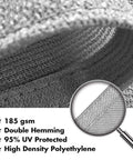 Close-up of grey fabric showing texture and details of Curved Sun Shade Sail 20x26 Grey Outdoor Canopy For Patio Garden Backyard UV Blocking Permeable 185 GSM HDPE Heavy Duty Shade Cloth Breathable Material With Stainless D Ring Corners And Double Layer Webbing Custom Size Available.