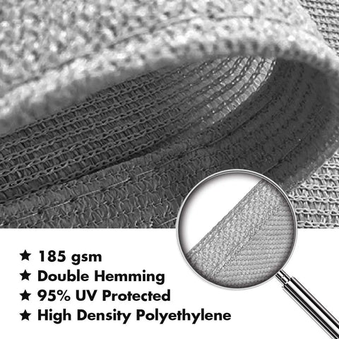 Close-up of grey fabric showing texture and details of Curved Sun Shade Sail 20x26 Grey Outdoor Canopy For Patio Garden Backyard UV Blocking Permeable 185 GSM HDPE Heavy Duty Shade Cloth Breathable Material With Stainless D Ring Corners And Double Layer Webbing Custom Size Available.