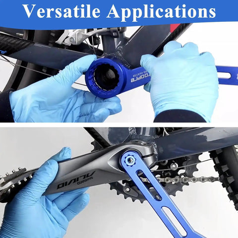 Hands using 6-In-1 Bike Crank Removal Tool And Bottom Bracket Wrench For 12/16 Notches And 39/41/44/46/49mm Sizes on a bicycle