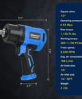 Drop Dead Tough 1/2 Air Impact Wrench With 1150 Ft Lbs Beastly Torque And Double Hammer Design Lightweight Pneumatic Tool side view with dimensions.