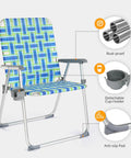 Oversized Folding Aluminum Beach Chair Set with Webbed Seat and Detachable Cup Holder, heavy duty 300 lb capacity, blue and green