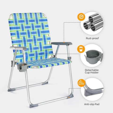 Oversized Folding Aluminum Beach Chair Set with Webbed Seat and Detachable Cup Holder, heavy duty 300 lb capacity, blue and green