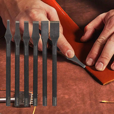Pro Grade Leather Prong Chisel Set With Six Slot Punch Tips for belts wallets bags in use on leather