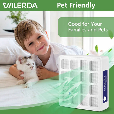 Child and cat with PreMax Pre Filter Replacement Compatible With IQAir HealthPro Series H13 True HEPA First Stage Filter in foreground.