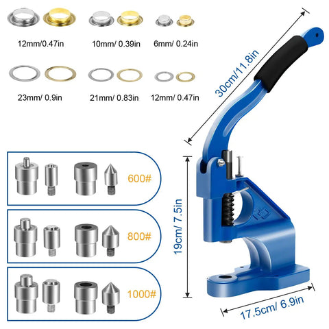 All In One Heavy Duty Grommet Tool Kit With Hand Press Pro Grade Includes 3 Die Sets And 3 Hole Punch Dies