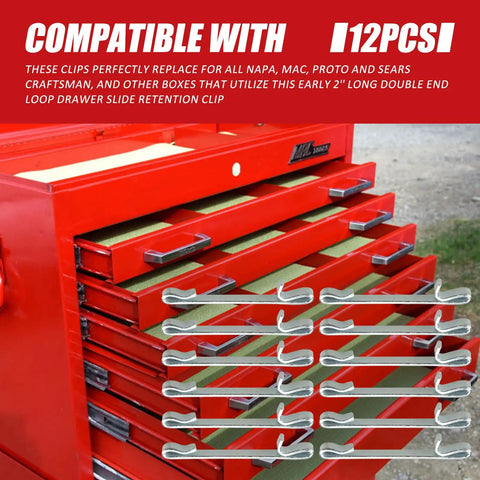 12 Pcs Early 2-Inch Double Loop Drawer Slide Retaining Clips attached to red toolbox drawers