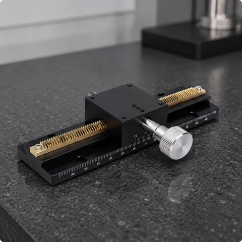 Pro Grade Linear Motion Dovetail Rail Stage Slide For Precise Alignment, 40x40 Table, 250mm Length, 25mm Travel, Dual 100mm Guides, 3kg Load, 0.06mm Parallelism, 210mm Stroke, Anodized Aluminum Body For Lightweight Rigidity, close-up of black stage slide