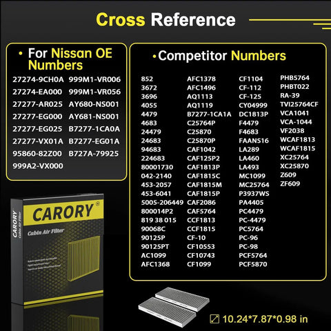 Nissan Frontier Cabin Air Filter With Activated Carbon For 2005-2025 packaging and dimensions with cross reference numbers
