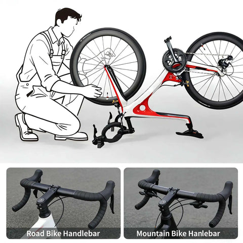 Image of a person using a Two Pack Portable Bike Repair Stand with Quick Release Handlebar Support for MTB, Road, and E Bikes.