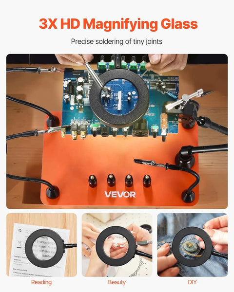 Magnetic Helping Hands Soldering Station With 3X LED Magnifying Lamp in use, showing PCB repair under bright lighting.