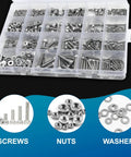 Black And Silver Hex Socket Head Screw Set With Nuts And Flat Washers Pro Grade 580 Pieces M2 M3 M4 M5 in a plastic case