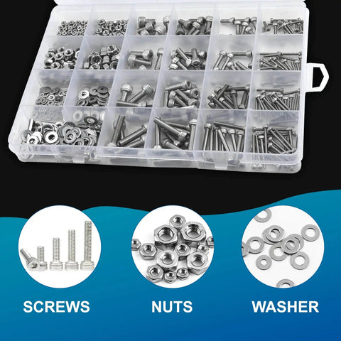 Black And Silver Hex Socket Head Screw Set With Nuts And Flat Washers Pro Grade 580 Pieces M2 M3 M4 M5 in a plastic case