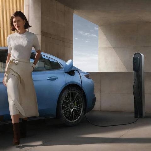 Rock Solid Level 1 And 2 EV Charger Featuring 16 Amp 3.5 Kw Quick Charge Heavy Duty Twenty Foot Cable at a blue electric vehicle.