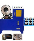Heavy Duty Electric Hose Crimping Machine And Hydraulic Tube Neck Shrinking Tool With Ten Precision Dies For Rubber Pipe Clamping Press 220V, blue machine with precision dies.
