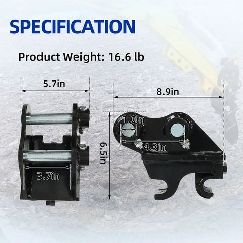 Specification diagram of Beast Mode Quick Hitch For Mini Excavators, Easy Quick Connect Coupler for Typhon Mini Machines.