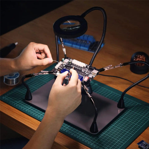 Magnetic Helping Hands Soldering Station with Large 11.1x7.1 Inch Base, 5X LED Magnifying Lamp, 4 PCB Holders, and 4 Arms