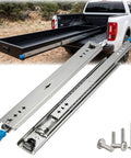 Beefy 53mm Width Heavy Duty Locking Drawer Slides With Lock 3 Fold Full Extension Side Mount Ball Bearing Rails 250 Lb Load Capacity 12 to 40 Inch Range For Cabinets Steel Furniture And DIY Projects attached to truck bed
