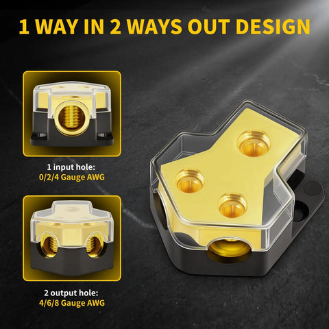 Heavy Duty 12V Car Audio Power Distribution Block 2 Way In 0 2 4 Gauge To Out 4 6 8 Gauge Amp Splitter For Automotive Marine Boat 2 Pack Easy Install Grounded Power Hub, top view