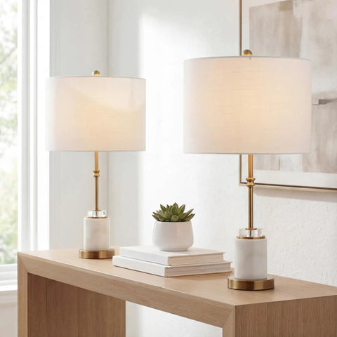 27 Inch Marble And Brass Gold Table Lamps Set Of 2 With Crystal Column Design White Linen Drum Shades on wooden table