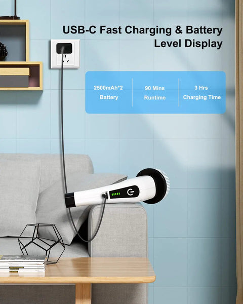 Cordless Electric Spin Scrubber With 8 Replaceable Heads charging via USB-C on a sofa, showing battery status