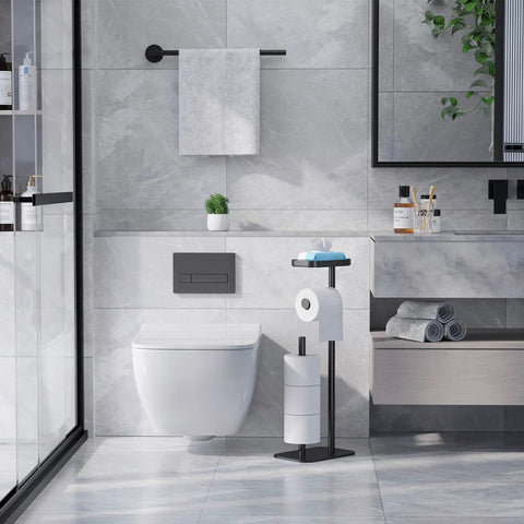 Bathroom with free standing toilet paper holder stand with rustproof metal construction for four rolls, anti-slip base, and built-in shelf.