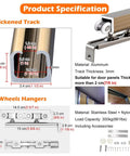 Product specification of Built Tough Heavy Duty Sliding Barn Door Hardware Track Kit, showcasing aluminum track and 8-wheel hangers.
