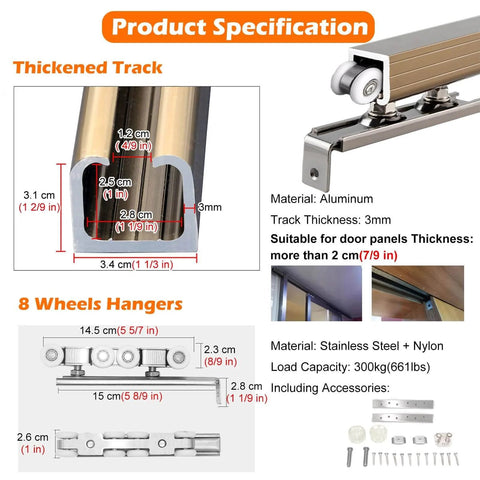 Product specification of Built Tough Heavy Duty Sliding Barn Door Hardware Track Kit, showcasing aluminum track and 8-wheel hangers.
