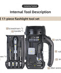 Open All-In-One 17-In-1 Toolkit With Flashlight, Screwdriver Set, Socket Wrench, And Utility Knife showing internal components