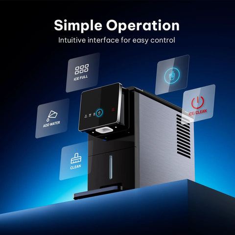 Ultimate Countertop Nugget Ice Maker Featuring Auto Drop Ice And No Sweat Self Cleaning Routine control panel with intuitive interface.