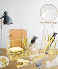 Gold Desk Organizer Set With 13 Pieces Of Office Accessories Including Acrylic Stapler, Tape Dispenser, and Scissors on desk